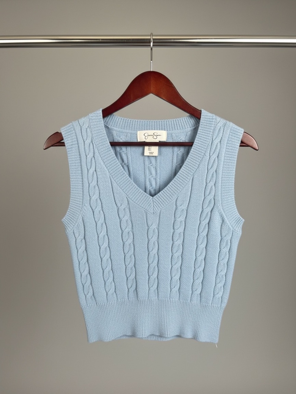 Jessica Simpson Pale Blue Cable Knit V-Neck Sweater Vest